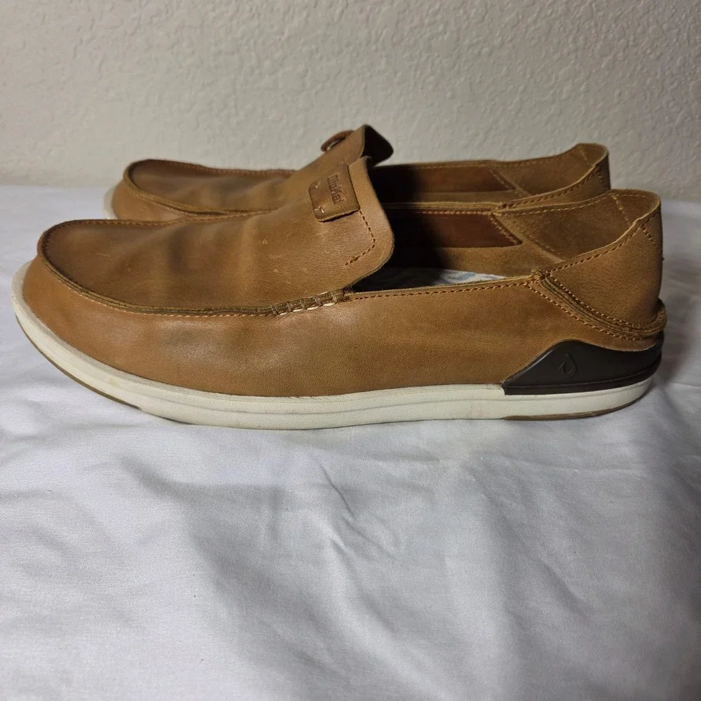OluKai Kakaha Mens Leather Slip On Shoes Tan Brown Loafers 10490-FXFX Size 12
